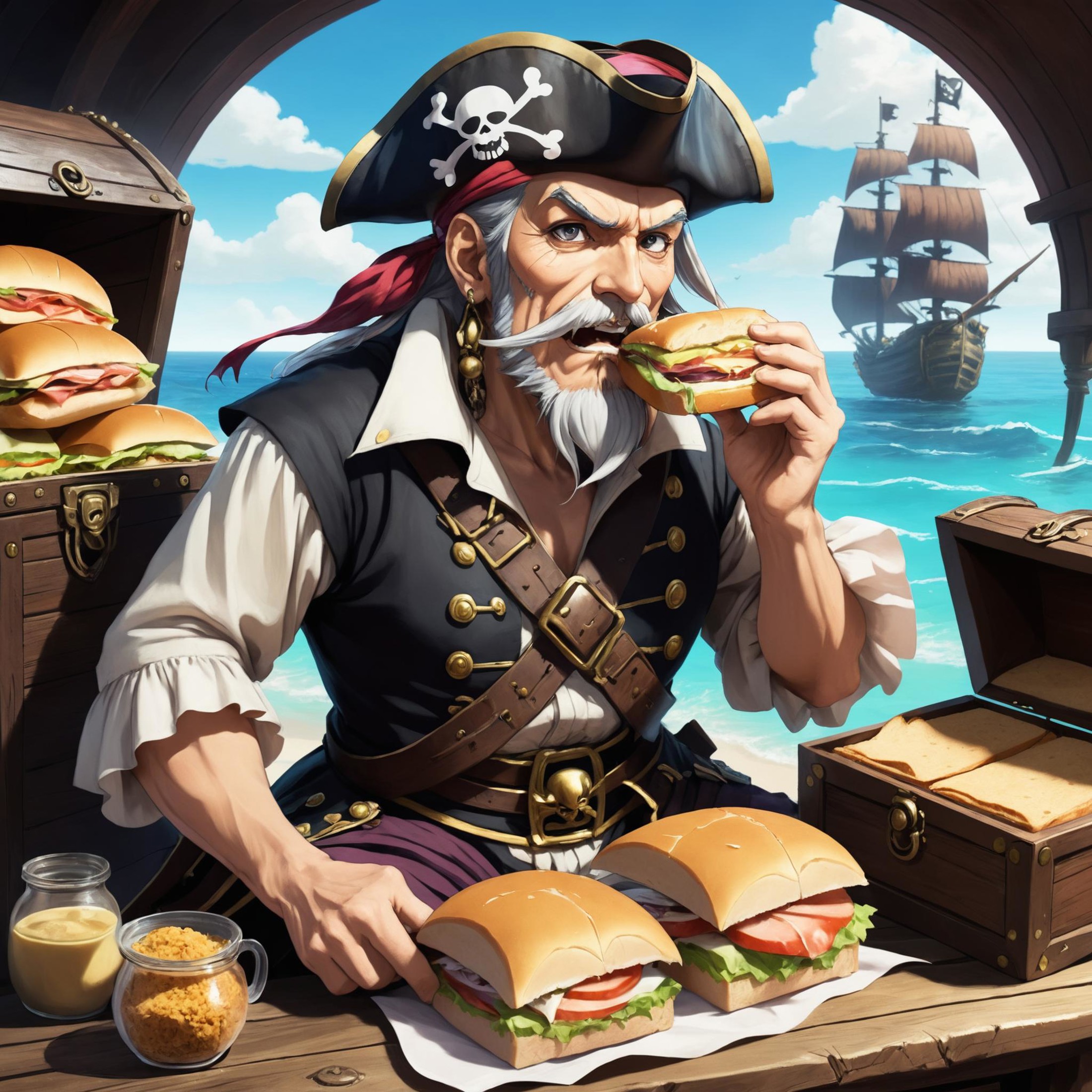 (anime art drawing:1.3), 2D, old pirate captain eating a sandwich, looks at viewer, in front of him is a treasure chest fu...